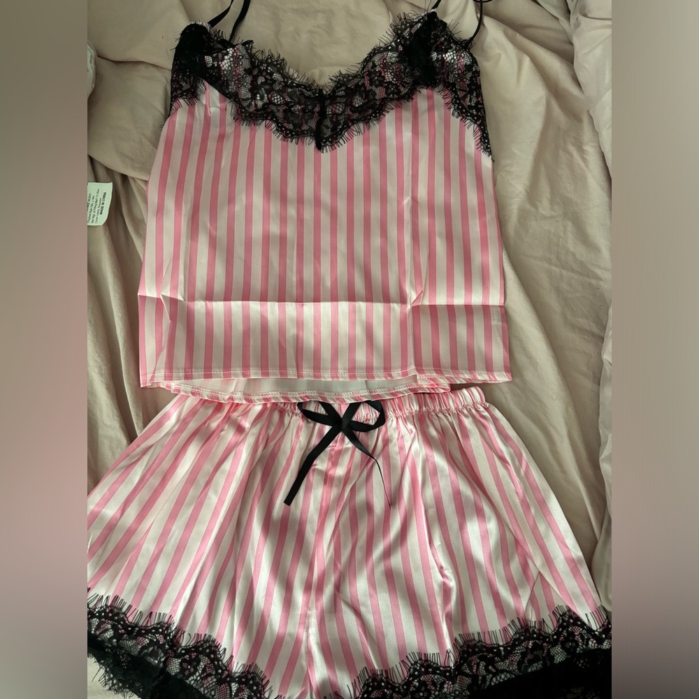 Two piece pink and black pajama set